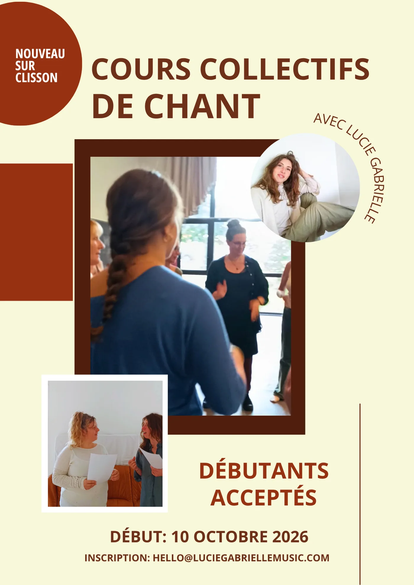 Affiche des cours collectifs de chant à La Bola avec Lucie Gabrielle